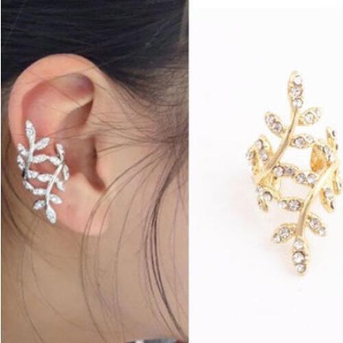 New Silver Gold Leaf Earrings Alloy Punk Leaf Crystal Rhinestone Flower Ear Cuff Wrap Earring Sweep Climber Ear Clip