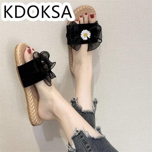 Slippers Women Summer Wear 2021 New Web Celebrity Bow Fairy Beach Shoes Fashion Versatile Flat Flip-flop Trend
