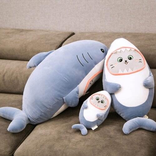 Cute Plush Shark Toy Kawaii Cartoon Cat Face Shark Soft Stuffed Doll Kids Toys Shark Pillow Cushion Birthday Gift for Children