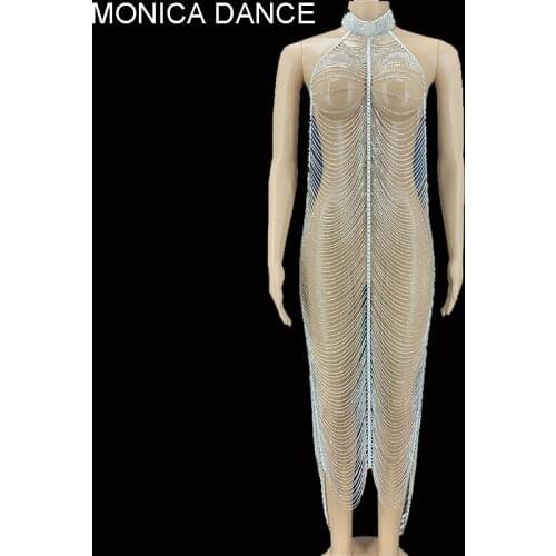 Sexy Stage Flashing Silver Stones Chains Hollow Design Dress Birthday Evening Prom Backless Outfit DS Dancer Singer Dress