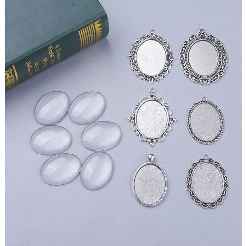 Ancient Silver Mixed Oval Time Stone Pendant DIY Ornament Accessories Glass Cabochon with Rhinestones Jewelry Making Supplies