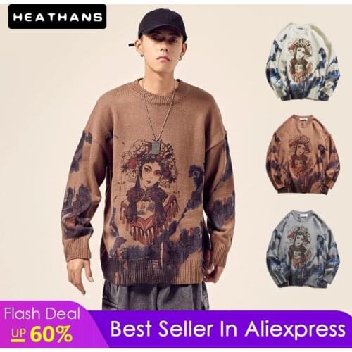 Mens knitted Sweaters Autumn Winter Hipster Cartoon Warm Harajuku Pullovers Vintage Hip Hop Streetwear Men Long Sleeve Sweater