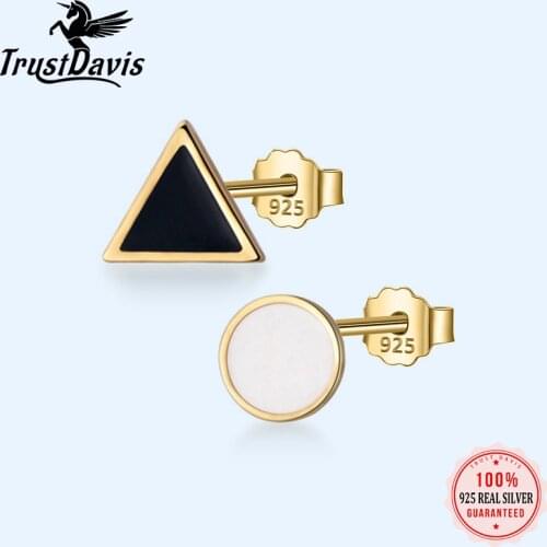 TrustDavis Real 925 Sterling Silver Fashion Asymmetrical Gkaze Triangle Round Stud Earrings For Women Girls Jewelry Gift DA2120