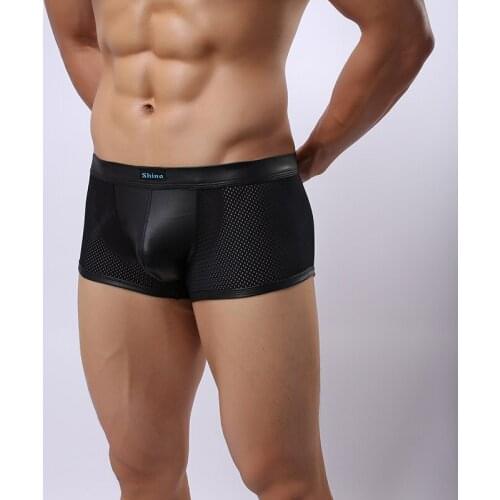Sexy Fashion Black Faux Leather Men Sexy Mesh Fishnet Bulge Penis Pouch Long Boxers Panties/Gay Male Shorts Underwear