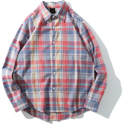 Spring and autumn Hong Kong style Purple Plaid Shirt mens long-sleeved Korean trendy handsome jacket casual loose couple shirt