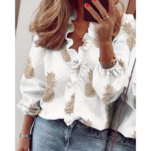 2020 Women Fashion Elegant Mock Neck Pineapple Casual Blouse Officewear Ruffle Pineapple Print Long Sleeve Ruffles Casual Blouse