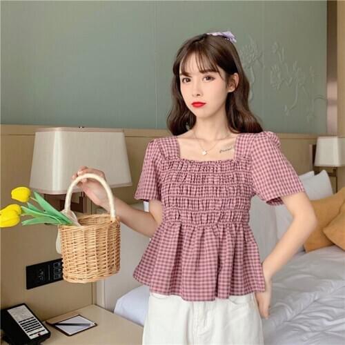 Women Summer Style Short Blouses Shirts Girls Lady Casual Square Collar Puff Sleeve Blusas tops ZZ0796