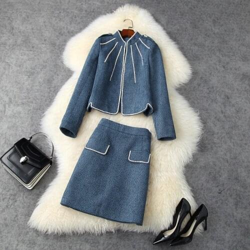 New 2020 autumn winter women formal tweed jacket diamonds beading elegant outerwear and mini a line skirt two piece outfit
