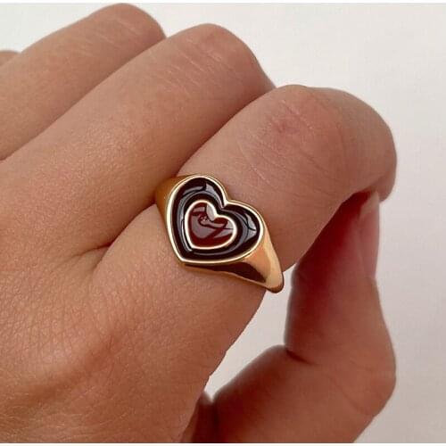 Korean Trendy Vintage Double Layer Heart Enamel Ring for Women Dripping Oil Color Contrast Heart Metal Rings Couple Jewelry