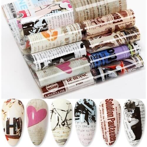 10Pcs/Set Nail Foils Stickers Vintage Newspaper Gel Set Mixed Flower Marble Adhesive Transfer Decals Nail Slider Decor