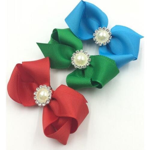120pcs/lot 8cm 30colors Handmade Grosgrain Bows+Pearl Buttons Ribbon Boutique Hair Bows Clip For Girls Hair Accessories DIY