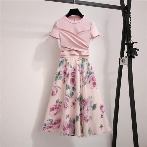 2021 New Fashion Designer Runway Summer Sets Womens Short Sleeve Pink Tops + Women Rose Print Mesh Skirt 2 Piece Set
