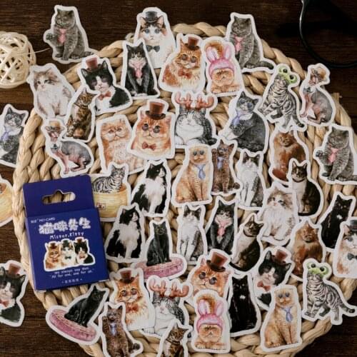 46 PCS Cartoon Gentle Wear Hat Mr. Cat Decorative Stickers for Water Bottles Laptop Scrapbook Phone Case Photo Albums Journal