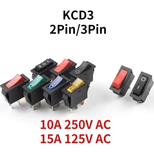 5pcs Rocker Switch ON-OFF 2/3 Pin KCD3 Electrical equipment With Light Power Switch 10A 250V AC 15A 125V AC