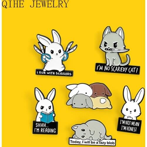 I RUN WITH SCISSORS Enamel Pin Customized Cartoon Cute Gray Rabbit Brooch Clothes Lapel Pin Badge Animal Jewelry Gift For Friend