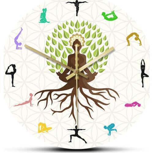 Yoga Studio Tree Of Life Colorful Wall Watch Clock Natural Energy For Meditation Silent Horloge Klok Lotus Pose Tree Watch