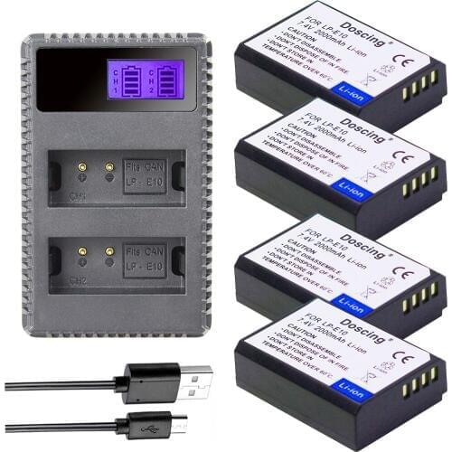 Doscing 4pcs 7.4v 2000mAh LP-E10 LP E10 LPE10 Camera Battery + LCD Charger For Canon EOS 1100D 1200D 1300D T3 T5 KISS X50 X70