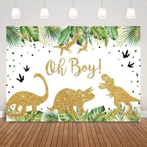 Newborn Dinosaur Wild Baby Shower Background Jungle Forest Safari Party Backdrop Oh Baby Green Leaves Gold Glitter Photography