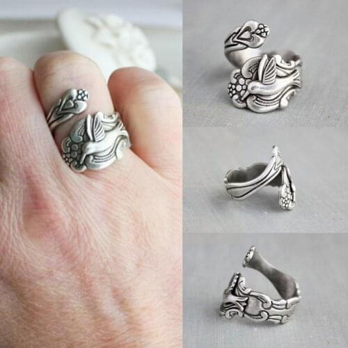 Hummingbird Spoon Bird Ring Adjustable Ring women opening retro Ring Jewelry delicate Bird rings Flower silver color I9V8