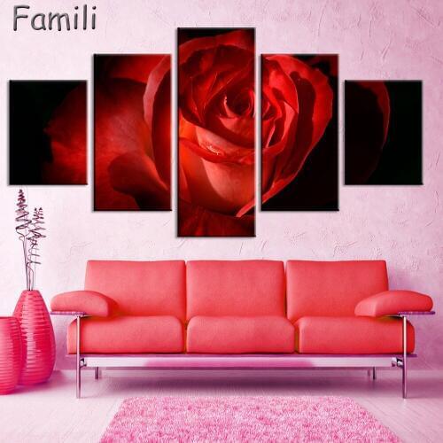 Red Rose Canvas Painting 5 Piece Wall Art Picture for Wall Decor Canvas Prints Wall Paintings for Bedroom Home Decor No Frame
