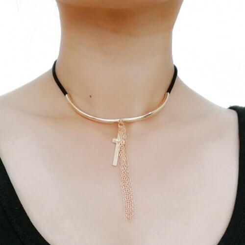 Harajuku Fashion Black Leather Velvet Necklace Torques For Women Punk Cross Pendant Charm Tassel Necklace Chokers DIY Jewelry