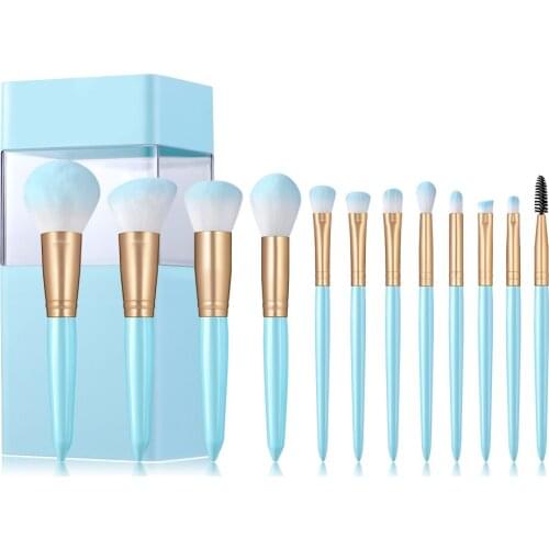 BANFI 12pcs Blue Wood Handle Makeup Brushes Set Cosmetics Foundation Powder Blushes Eyeshadow Blending Make Up Brush Beauty Tool