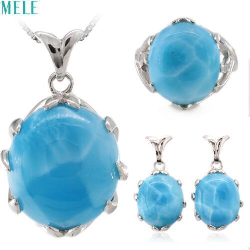 Natural larimar silver jewelry set, oval 16mm*18mm for pendant ,oval 14mm*16mm for ring, oval 12mm*14mm for earring, top quality