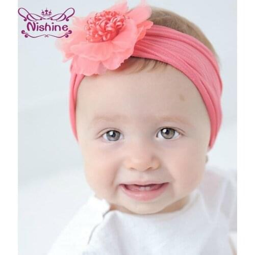 Nishine Solid Color Flower Baby Girls Headband Nylon Elastic Wide Side Hairband Soft Newborn Infant Headwear Kids Photo Props