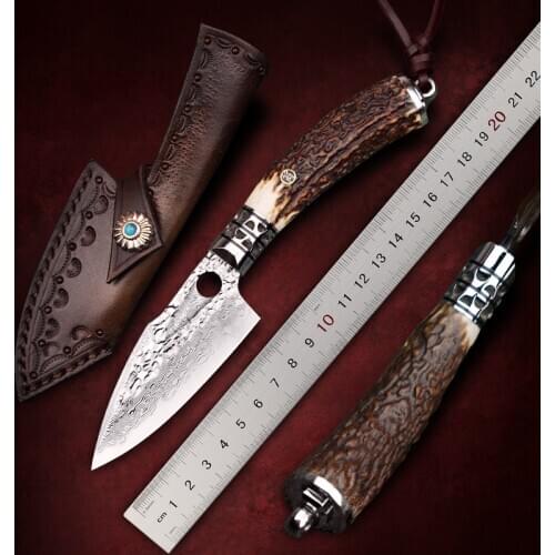 JAMESHIFU VG10 Damascus Steel EDC Fixed Blade Knife Antlers Handle Handmade Hunting Knives with Sheath Outdoor Camping Tool