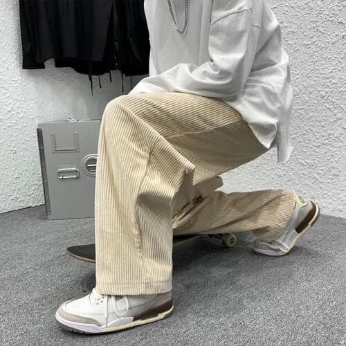 Autumn Drawstring Corduroy Pants Mens Fashion Retro Wide-leg Pants Men Streetwear Loose Hip-hop Straight Pants Mens Trousers