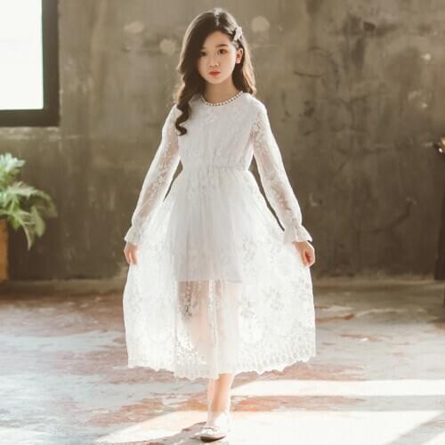Elegant White Lace Flower Dress for Wedding Long Sleeve A line Girls Princess Party Communion Pageant Vestidos Age 8 10 12 14