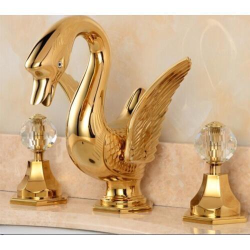 Widespread Golden 3 Pcs Bathroom Swan Basin Faucet Lavatory Basin Sink Mixer Widespread Sinks Taps