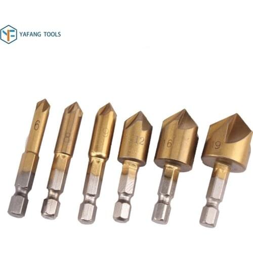 6pcs 5 Flute HSS Countersink Chamfer Drill Bit 1/4" Hex Shank Titanium Coated Woodworking Core Drill Bit Power Tool Accessories