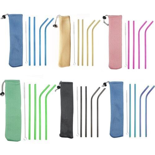 6*215mm Drinking Straw Reusable Straws Eco Friendly Stainless Steel Metal Straw With Bag Set For Mugs