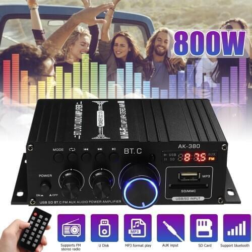 800W HiFi Power Amplifier Audio Karaoke Home Theater Amplifier 2 Channel Bluetooth Class D Amplifier BASS Music Player FM Radio
