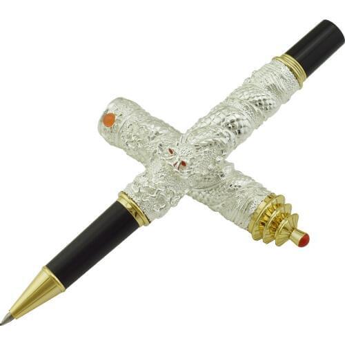 Jinhao Vintage Luxurious Rollerball Pen Silver Tower Cap Small Double Dragon Playing Pearl, Metal Carving Embossing Heavy Pen