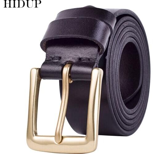 HIDUP Top Quality 100% Pure Cow Skin Genuine Leather Belt Brass Pin Buckles Metal Belts Men Retro Styles Jean Accessories NWJ119