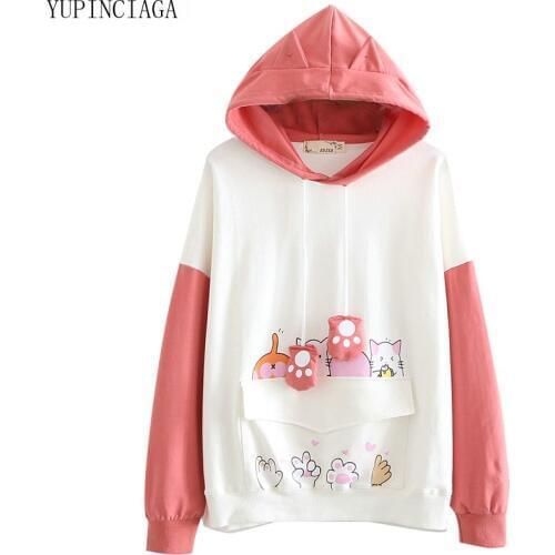 Women Cartoon Cat Print Sweatshirt With Ears On Hood Cotton Hoodies Kawaii Girl Pullovers Long Sleeve Sweet Style YUPINCIAGA