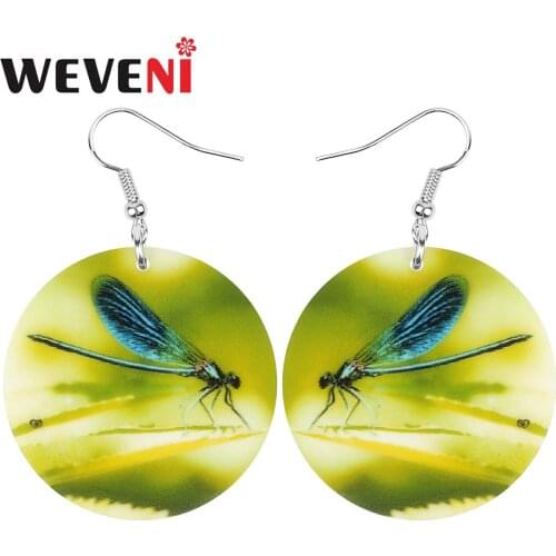 WEVENI Acrylic Round Green Damselfly Dragonfly Earrings Insect Animal Dangle Drop Jewelry For Women Girls Summer Gift Decoration