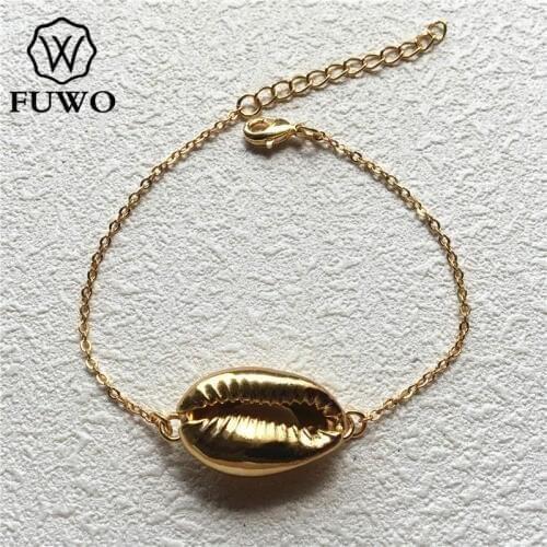 FUWO Dainty Cowrie Sea Shell Bracelet With 24K Gold Dipped Brass Bracelet Female Elegant Cuff Bohemian Jewelry Wholesale BR506