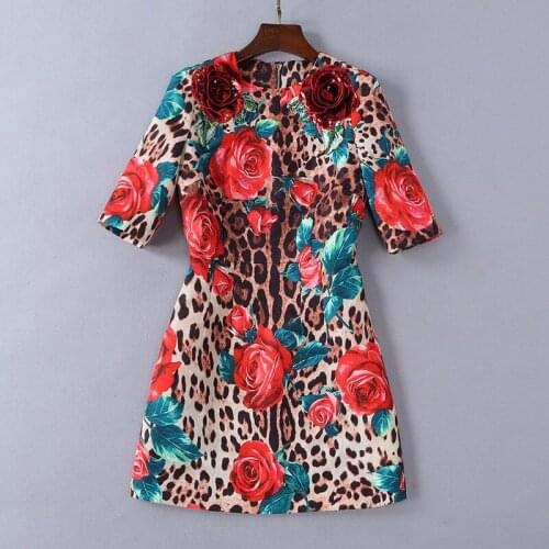 High quality sequins flower mini dress 2019 spring summer short sleeves leopard dress fashion women party dress G028