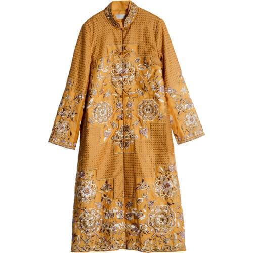 Vintage Royal Autumn Winter Woman Coat Elegant Lady Slim Black/Gold floral Embroidery Plus Size Warm Trench Coat Female M-3XL
