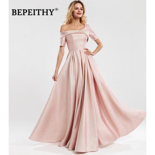 BEPEITHY Robe De Soiree One Shoulder Short Sleeves Long Evening Dresses 2020 Pink Glitter Prom Party Dress For Women Hot Sale