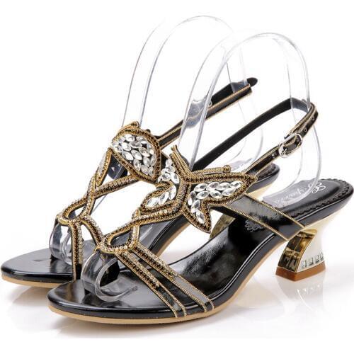 2019 Summer New Black Bow Diamonds in the Sandals Open Toe Thick Heel Roman Style Womens Shoes