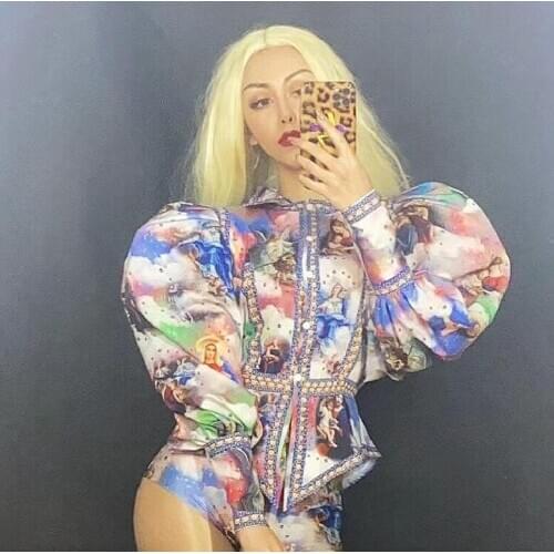 2020 Rhinestone Portrait Pattern Shirt Short Lace Cap Women Dancer Show Outfit Set Bar Dance Outfit Set