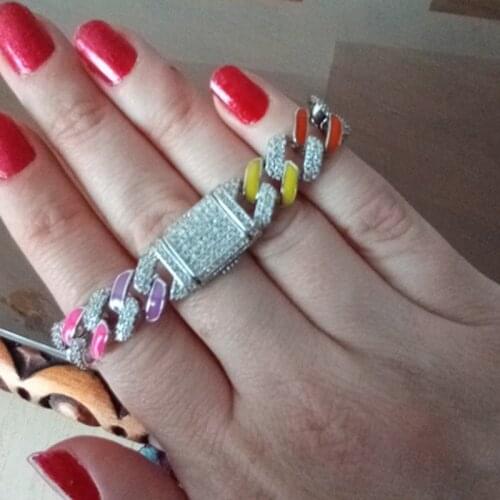 2021 Summer Fashion Hot Selling Colorful Jewelry Neon Rainbow Enamel Ice Out Bling CZ 11mm Miami Cuban Link Chain Women Bracelet