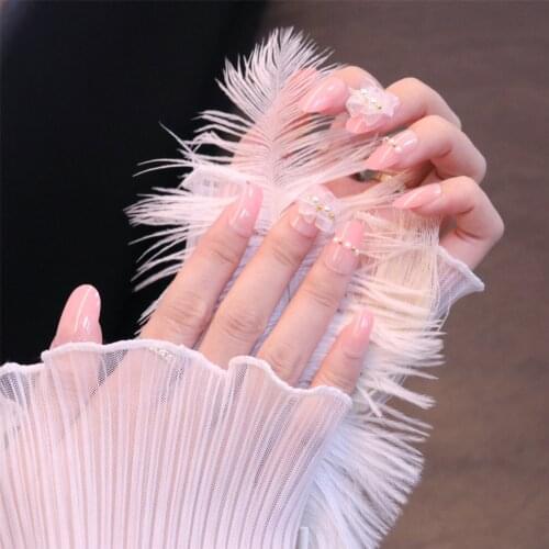 24Pcs Glossy Pink Artificial Fake Nails Pearl Inlay For Design Fashion Lady Long False Nails Full Cover Manicure Fingernails NN