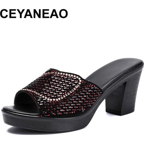 CEYANEAO High heel sandals summer2020new mother rhinestone leather slippers outside middle age fashion sandals
