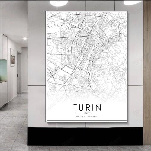 Black and White Italy City Map The Turin City Map Poster HD Print Wall Art Canvas Nordic Landscape Painting for Home Decor