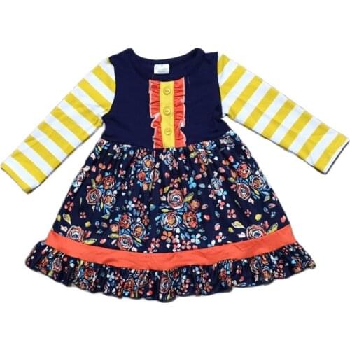 Girlymax 2 Colors Fall Baby Girls Chlidren Kids Clothing Milk Silk Floral Twirl Dress Stripe Knee Length Long Sleeve Ruffles